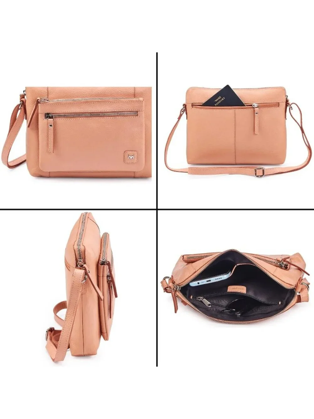 Women's Peach Genuine Leather Sling Purse with Adjustable Strap Crossbody bag